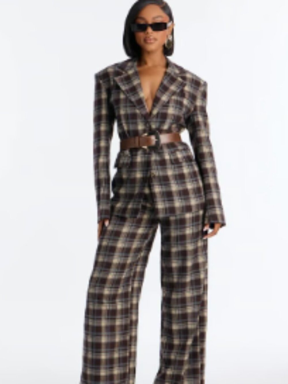 Fashion Nova Plaid Blazer Belted Pant Set